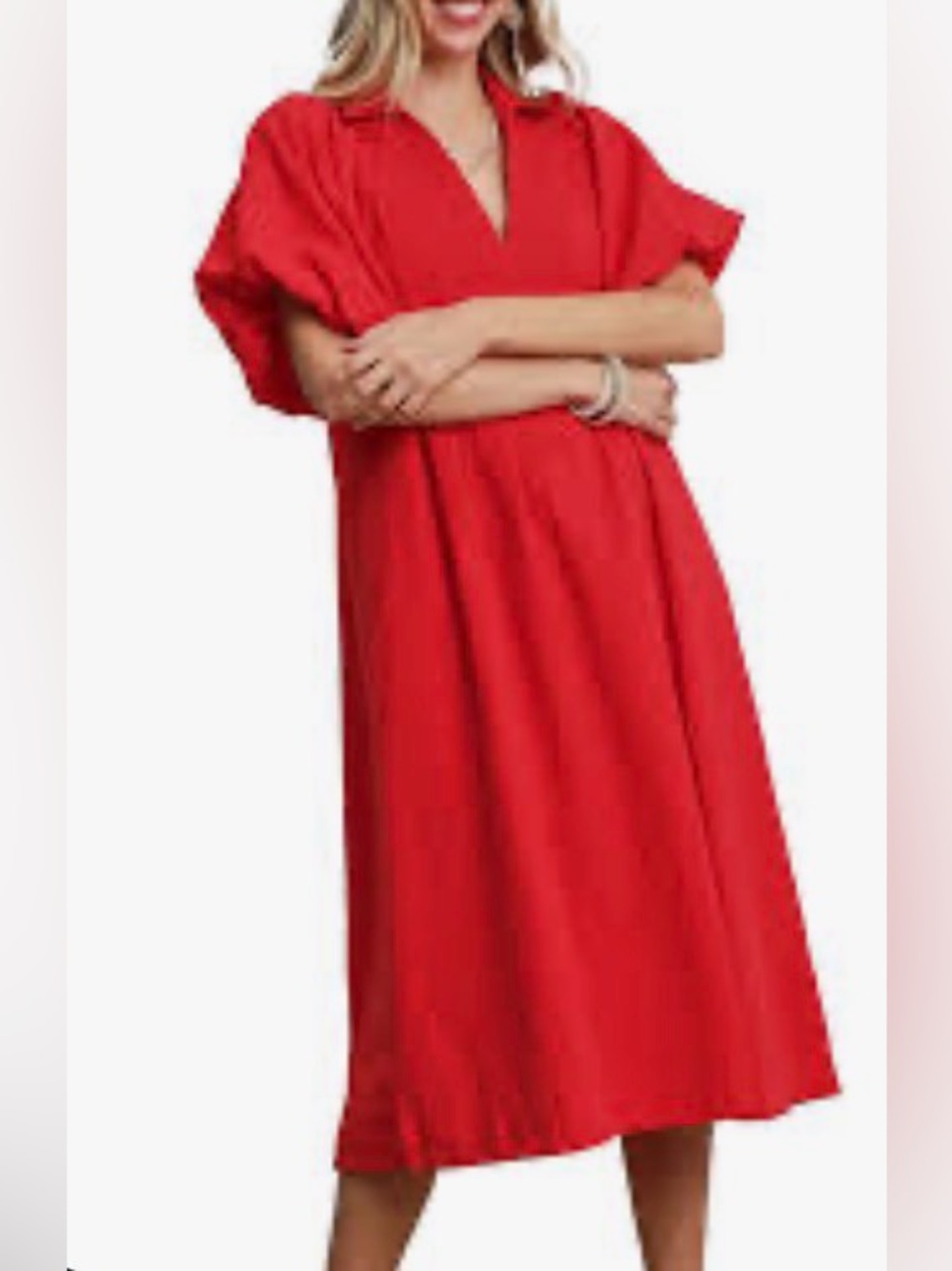 NWT Umgee Women Bright Red Short-Sleeve V-Neck Casual Dress S